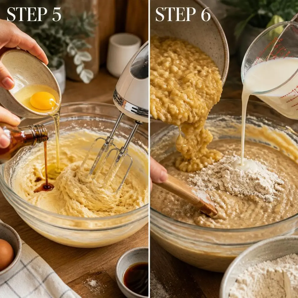  Adding eggs, vanilla & mixing batter with buttermilk