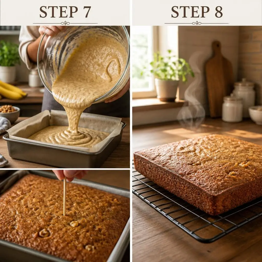 Banana cake baking in oven & cool ing cake on rack