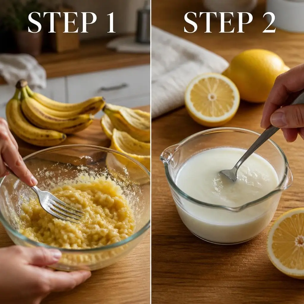 Mashing bananas & making buttermilk 