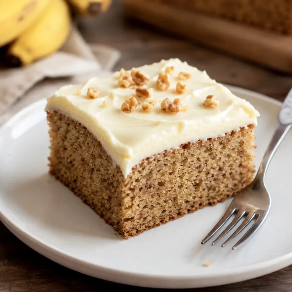 banana cake recipe slice with cream cheese frosting & chopped walnuts