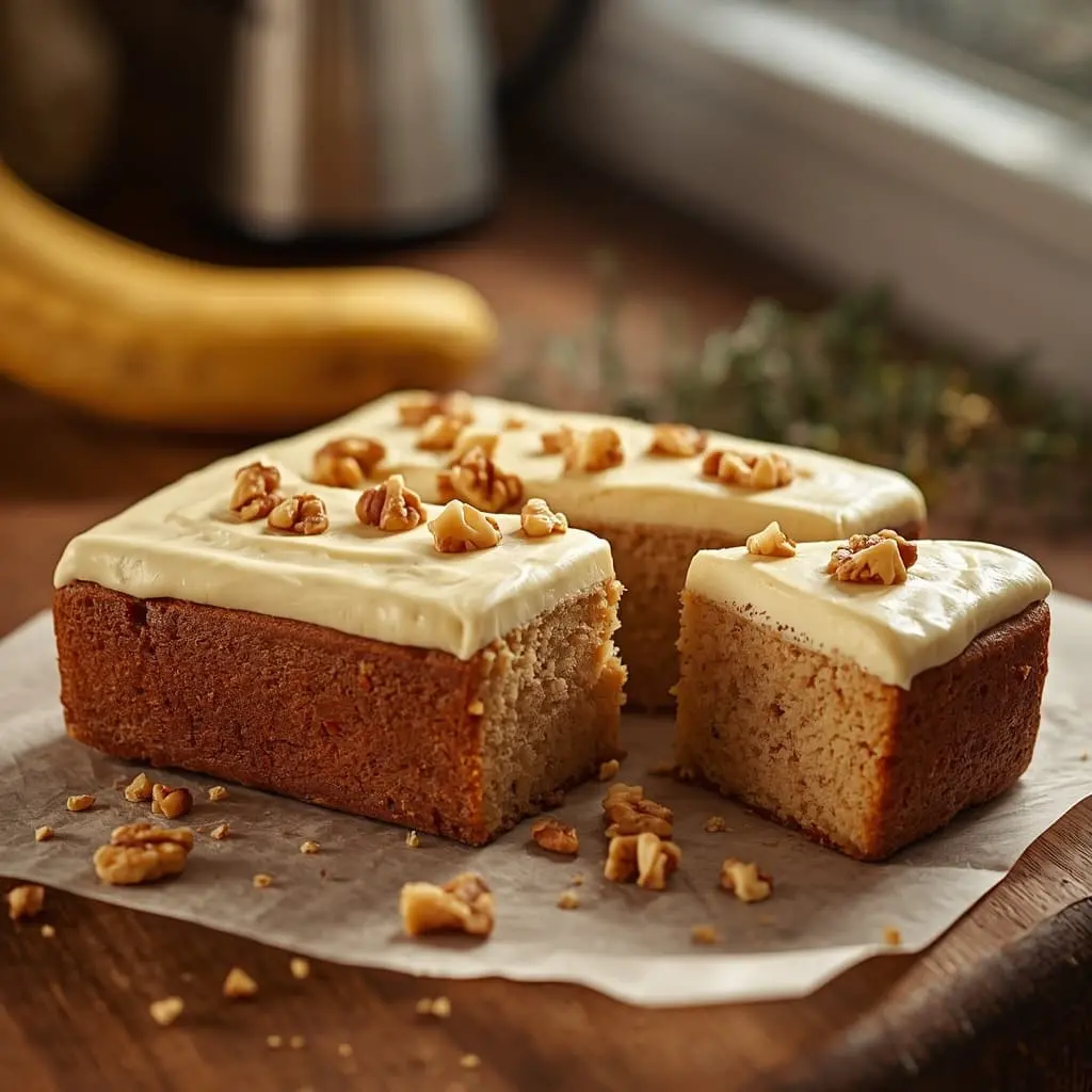 Banana cake with cream cheese frosting & chopped walnuts