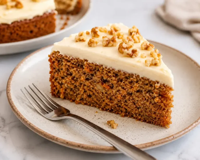 Slice of banana carrot cake top with cream cheese frosting and chopped walnuts