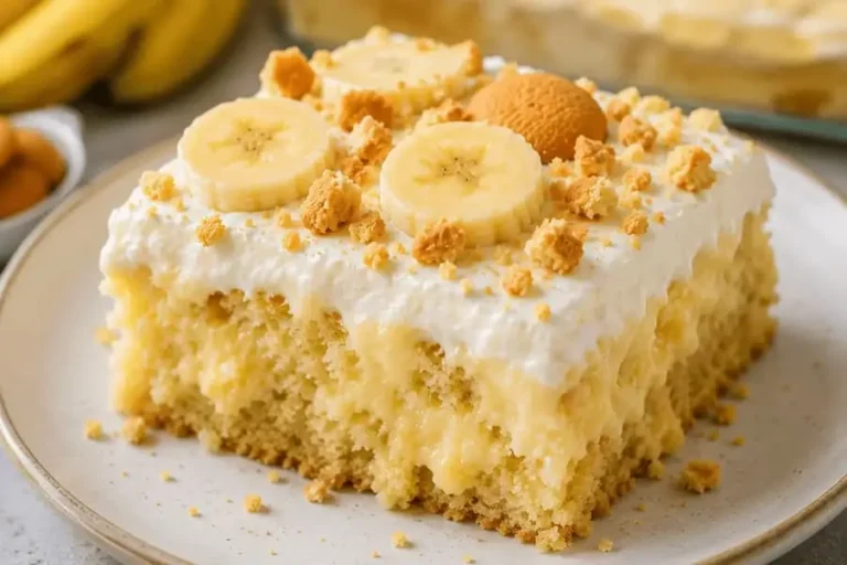 Banana pudding poke cake slice in a plate